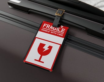 Fragile à manipuler avec soin Rouge et blanc | Informations d'identification des étiquettes de voyage | Étiquette à bagage en acrylique et cuir