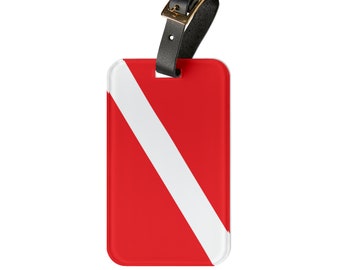Scuba Diver Down Flag Premium Acrylic and Leather Luggage Tag | by Far Out Prints & Co