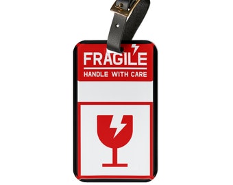 Fragile Handle With Care Red and White | Travel Tags Identification Information | Acrylic and Leather Luggage Tag | by Far Out Prints & Co