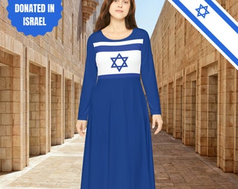 Israeli Flag -  Women's Long Sleeve Dance Dress (AOP) - Stand With Us Israel Support Jewish Judaism Zionist - by Far Out Prints & Co.