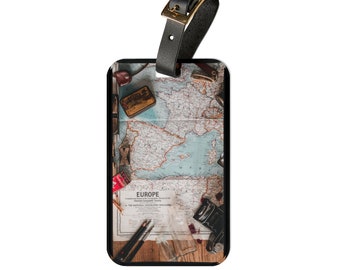 Euro Trip World Map | Premium Acrylic and Leather Luggage Tag | by Far Out Prints & Co