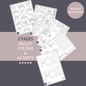 May include: Five black and white printable pages featuring ballet-themed coloring and activity pages. The pages include a ballerina, a makeup palette, a crown, a ballet shoe, and a mirror.