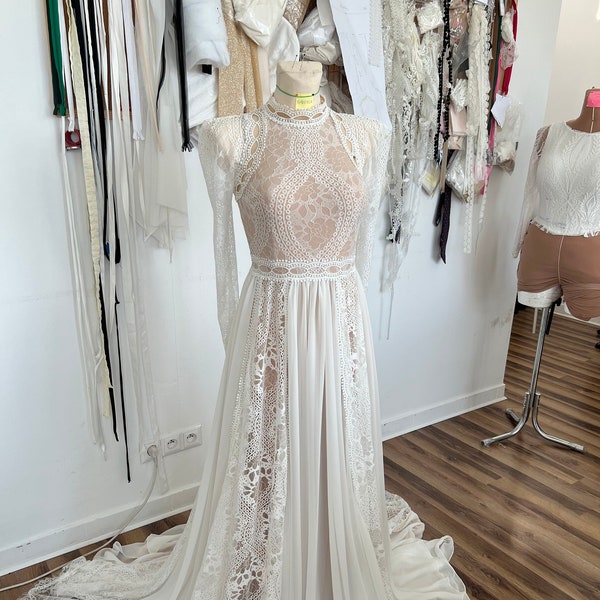 Haute Couture Boho Wedding Gown with Halter Neckline, Chantilly Lace Custom Bridal Dress with Train
