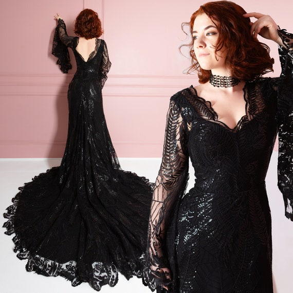 Gothic Wedding Dress: Black Spiderweb Lace Gown with Bell Sleeves Gothic Wedding Dress: Black Spiderweb Lace Gown with Bell Sleeves