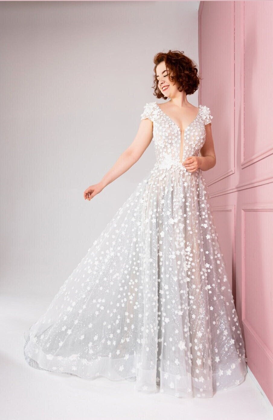 Silver Glitter A-Line Wedding Gown: 3D Floral Applique, Bespoke Couture Silver Glitter A-Line Wedding Gown: 3D Floral Applique, Bespoke Couture