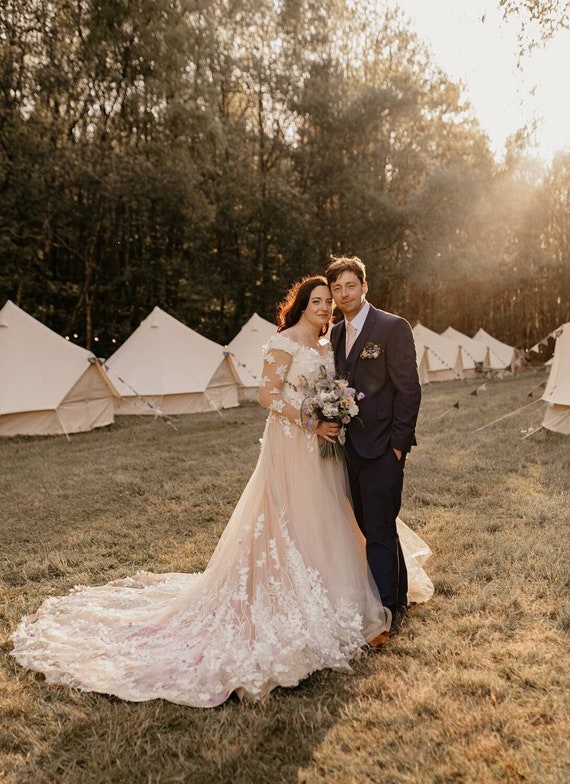 Bohemian Floral Lace Wedding Dress: Ombre Tulle Train, Long Sleeve Gown