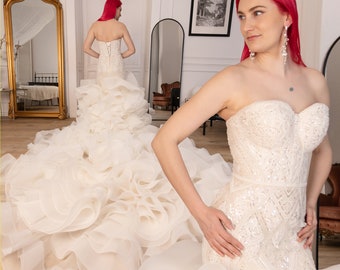 Royal long train and Sweetheart Corset Luxurious Wedding Dress, Haute Couture made to your sizing