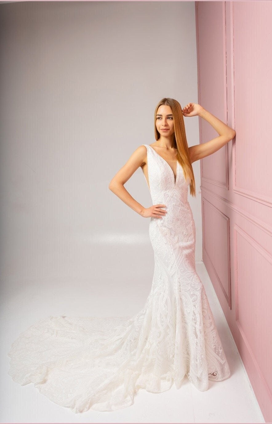 fitted lace wedding dress Straps Mermaid Wedding Dresses Lace Appliqued Bridal Gowns US4 / White
