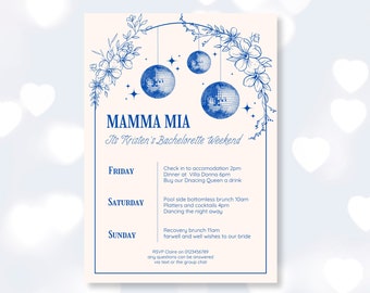 Mamma Mia Bachelorette invitation, Itinerary Digital Template Download, Bachelorette, Last Disco, Disco Bachelorette