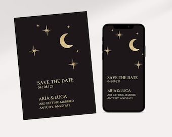 Celestial Wedding, Moon and Stars, Save the Date template, Editable Save the Date Printable, Canva Instant Download, digital, card