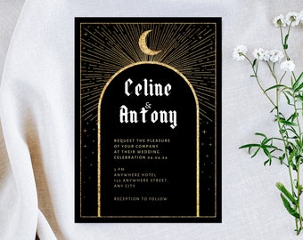 May include: Black wedding invitation with gold accents. The design features the names "Celine & Antony" in elegant script, a crescent moon, and radiating lines. The invitation includes event details: date, time, location, and a "Reception to Follow" note.