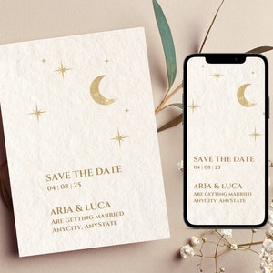 Mariage céleste, Lune et étoiles, Save the Date, modèle, Editable Save the Date Printable, Canva Instant Download, numérique, carte