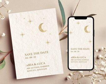 Celestial Wedding, Moon and Stars, Save the Date, template, Editable Save the Date Printable, Canva Instant Download, digital, card
