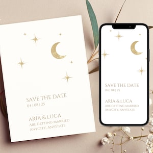 Casamento Celestial, Lua e Estrelas, Salve a Data, modelo, Salve a Data Editável para Impressão, Download Instantâneo do Canva, digital, cartão