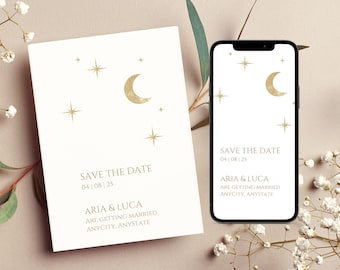 Celestial Wedding, Moon and Stars, Save the Date, template, Editable Save the Date Printable, Canva Instant Download, digital, card