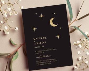 Celestial Wedding Invitation Template Set, RSVP, Printable, Editable Wedding Invites, instant Download, canva, gothic wedding, moon and star