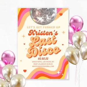 Last Disco Bachelorette invitation template and itinerary, Disco themed Bachelorette, Disco bachelorete party editable invitation