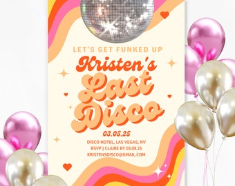 Last Disco Bachelorette invitation template and itinerary, Disco themed Bachelorette, Disco bachelorete party editable invitation