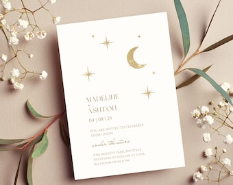 Celestial Wedding Invitation Template Set, RSVP, Printable, Editable Wedding Invites, instant Download, canva, minimalist, moon and star