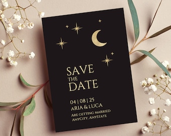 Save the Date Template, Celestial Wedding, Moon and Stars, Editable Save the Date Printable, Canva Instant Download, digital, card