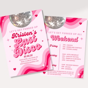 Last Disco Bachelorette invitation template and itinerary, Disco themed Bachelorette, Disco bachelorete party editable invitation
