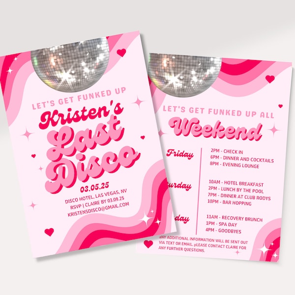 Last Disco Bachelorette invitation template and itinerary, Disco themed Bachelorette, Disco bachelorete party editable invitation