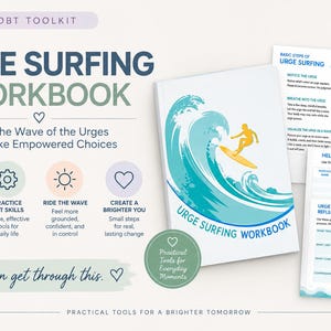 Puede incluir: Un libro de trabajo de herramientas DBT titulado Urge Surfing Workbook con un gráfico de una persona surfeando una gran ola azul en una tabla de surf amarilla. El conjunto incluye páginas PDF imprimibles con secciones para pasos y reflexiones.