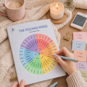Può includere: Un libro "The Feelings Wheel" con un grafico circolare colorato delle emozioni, con il testo "THE FEELINGS WHEEL" e "Gloria Wilcox, 1982". Una persona tiene in mano una penna azzurra, scrivendo sul grafico. C'è una tazza rosa, una candela accesa e dei post-it.