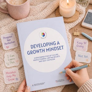 May include: A book titled "Developing a Growth Mindset" with the subtitle "Overcoming Fear of Failure, Perfectionism, Limiting Beliefs and Self-Criticism." The image includes motivational stickers, a candle, and a mug.