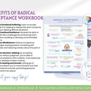 Puede incluir: Un libro de ejercicios digital titulado Benefits of Radical Acceptance Workbook que presenta una lista de beneficios para la salud emocional y una p&aacute;gina de declaraciones de afrontamiento con texto e ilustraciones coloridos. El documento incluye una insignia circular con la etiqueta Fillable and Printable y un logotipo de Mental Health Tools.