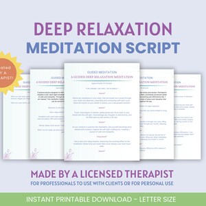 Puede incluir: Un guion de meditación guiada de relajación profunda imprimible para que los terapeutas lo usen con sus clientes o para uso personal. El guion está hecho por un terapeuta con licencia y es de tamaño carta.