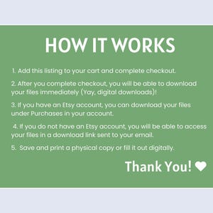 Puede incluir: Un gr&aacute;fico informativo verde con texto blanco titulado HOW IT WORKS. Enumera cinco pasos para descargas digitales: a&ntilde;adir al carrito, descargar archivos, acceder mediante cuenta de Etsy o enlace por correo electr&oacute;nico, y guardar, imprimir o rellenar.