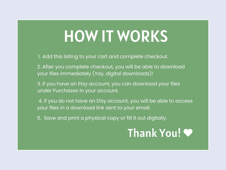Puede incluir: Un gr&aacute;fico informativo verde con texto blanco titulado HOW IT WORKS. Enumera cinco pasos para descargas digitales: a&ntilde;adir al carrito, descargar archivos, acceder mediante cuenta de Etsy o enlace por correo electr&oacute;nico, y guardar, imprimir o rellenar.