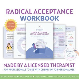 Puede incluir: Un libro de ejercicios de aceptaci&oacute;n radical con habilidades DBT para aceptar la realidad y reducir el sufrimiento. La portada muestra el t&iacute;tulo y un gr&aacute;fico de un cubo azul con papeles. Otras p&aacute;ginas muestran textos, diagramas y una insignia.