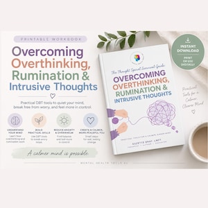 May include: A printable workbook titled Overcoming Overthinking, Rumination & Intrusive Thoughts. The cover features a purple tangled yarn illustration, the author name Suzette Bray, LMFT, and the subtitle The Thought Spiral Survival Guide.