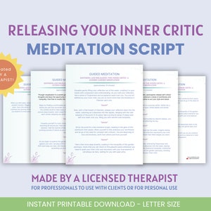 Op de afbeelding: Printbare meditatiescript om je innerlijke criticus los te laten. Het script is gemaakt door een therapeut en is bedoeld voor gebruik met cliënten of voor persoonlijk gebruik. Het script heeft de titel "Releasing Your Inner Critic Meditation Script" en bevat de tekst "Created by a Therapist!" in een gele stervormige uitbarsting.