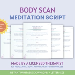 Peut inclure: Script de méditation guidée pour un scan corporel imprimable, avec le titre "Body Scan Meditation Script" et le texte "Créé par un thérapeute !" dans un éclat de soleil jaune. Le script est réalisé par un thérapeute agréé et est destiné aux professionnels pour une utilisation avec des clients ou pour un usage personnel.