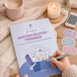 Puede incluir: Un cuaderno de trabajo titulado "DBT Toolkit Addiction Recovery Workbook" con el texto "DBT Skills for Addressing Addictive Behaviors". La imagen incluye un bolígrafo, pegatinas con frases motivadoras, una vela y una taza de café, todo sobre una manta.