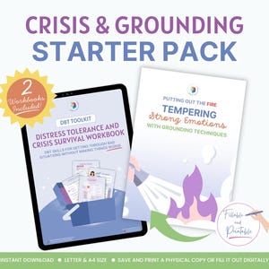 May include: A digital starter pack for crisis and grounding, featuring two workbooks. The pack includes a tablet displaying the "DBT Toolkit" and a workbook titled "Distress Tolerance and Crisis Survival Workbook". A second workbook is titled "Putting Out The Fire".