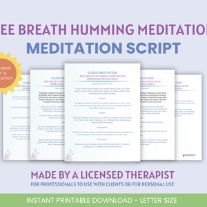 Könnte beinhalten: Druckbarer Meditationsskript für die Bienenatem-Summ-Meditation, auch bekannt als Shramaare Pranayamai. Diese geführte Meditation konzentriert sich auf den Atem, Klarheit und Stressabbau. Erstellt von einem lizenzierten Therapeuten, ist es ideal für den persönlichen Gebrauch oder für die Verwendung mit Klienten.