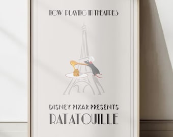 May include: A framed poster featuring the Disney Pixar film "Ratatouille." The poster has a light background with the Eiffel Tower and two cartoon rats. Text at the top reads "NOW PLAYING IN THEATRES" and "DISNEY PIXAR PRESENTS RATATOUILLE" at the bottom.