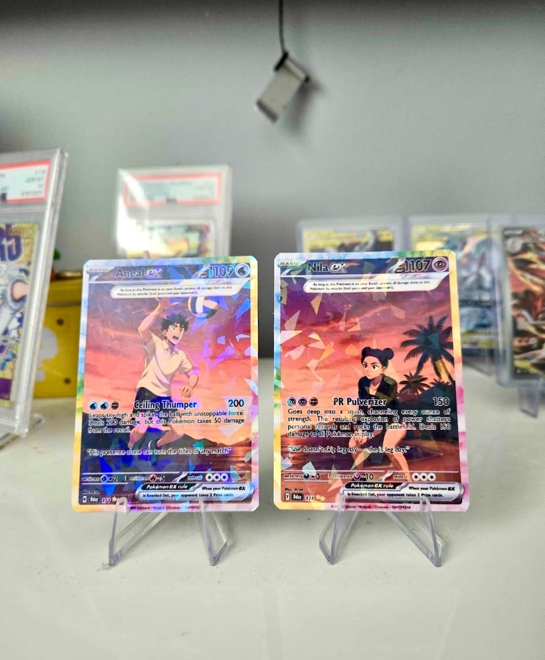 May include: Two rectangular trading cards featuring holographic artwork. The left card shows a character spiking a volleyball with the text Ceiling Thumper. The right card depicts a character in a squatting pose with the text PR Pulverizer.