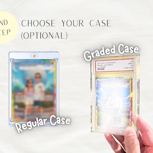 May include: A comparison of two protective display cases for trading cards. On the left, a clear magnetic regular case holds a blurred card. On the right, a graded case with a gold-colored border holds a card with a label reading 2020 HAPPY ANNIVERSARY.