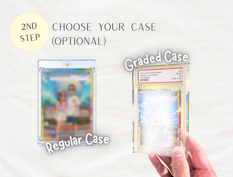 May include: A comparison of two protective display cases for trading cards. On the left, a clear magnetic regular case holds a blurred card. On the right, a graded case with a gold-colored border holds a card with a label reading 2020 HAPPY ANNIVERSARY.