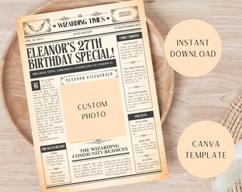 Wizard Newspaper Birthday Card: Custom Canva Template (Instant Download)