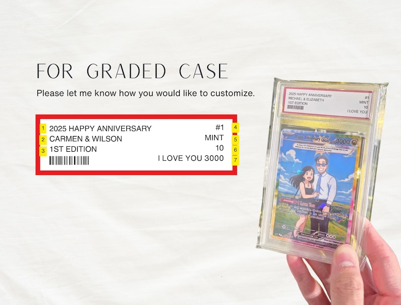 May include: A custom graded card case featuring a personalized label with the text 2025 HAPPY ANNIVERSARY, CARMEN & WILSON, 1ST EDITION, MINT 10, and I LOVE YOU 3000. The card inside displays an illustration of two people standing in a landscape.