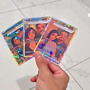 May include: Three rectangular trading cards featuring custom illustrated portraits of a couple. Each card has a holographic finish with text including "I Love You" and "My forever love EX". The cards display colorful cartoon-style artwork.