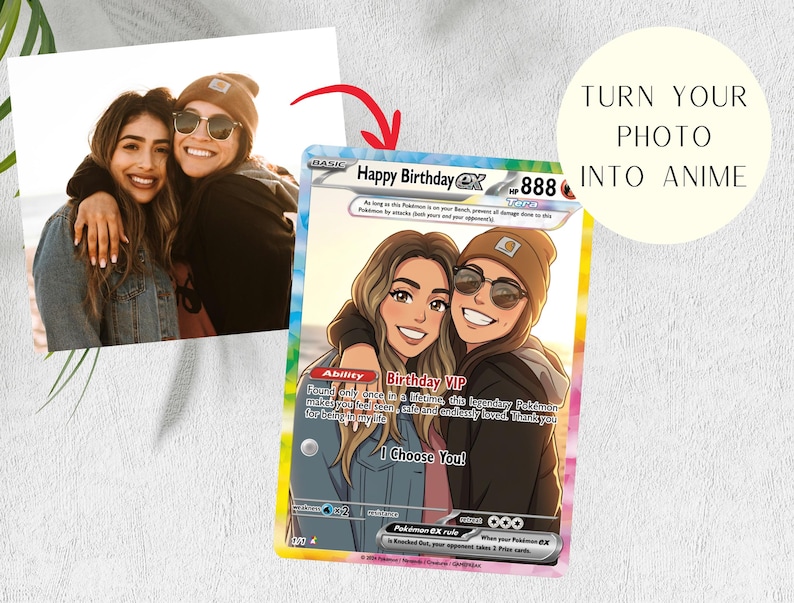 May include: A custom trading card featuring an anime-style illustration of two people based on an original photograph. The card displays the text Happy Birthday EX, HP 888, Birthday VIP, and I Choose You, with a colorful border and game stats.