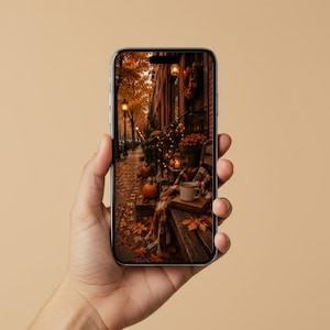 May include: A smartphone displaying a high-resolution autumn scene on its screen. The image features a cozy outdoor setting with pumpkins, a warm blanket, a mug on a wooden bench, and golden fall foliage lining a street with glowing lanterns.