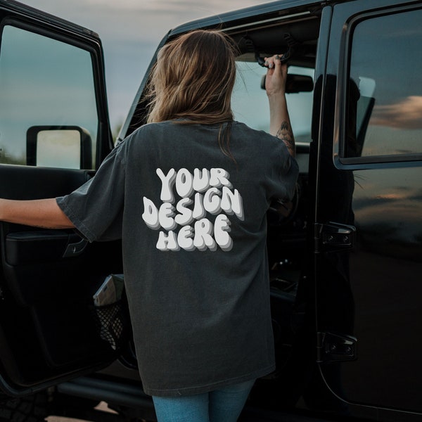 Pepper Comfort Colors C1717 female Mockup, Jeep girl shirt mockup, Car shirt mockup, gray shirt mocks, comfort colors back of shirt mockup